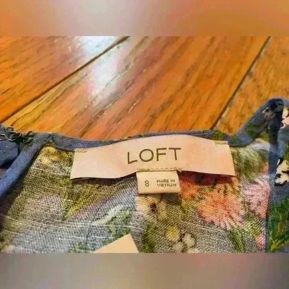 LOFT Blue Floral Babydoll Mini Dress Puff Sleeve Women’s Size 8 Linen Blend NWT - Picture 4 of 12